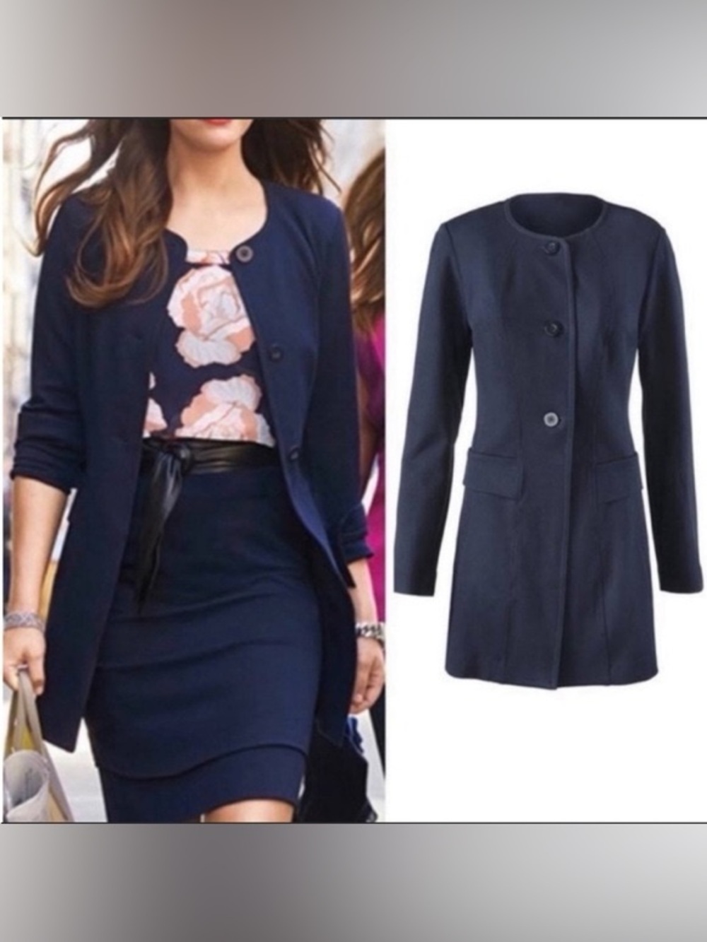 Cabi lido navy blue ponte knit front button long blazer jacket